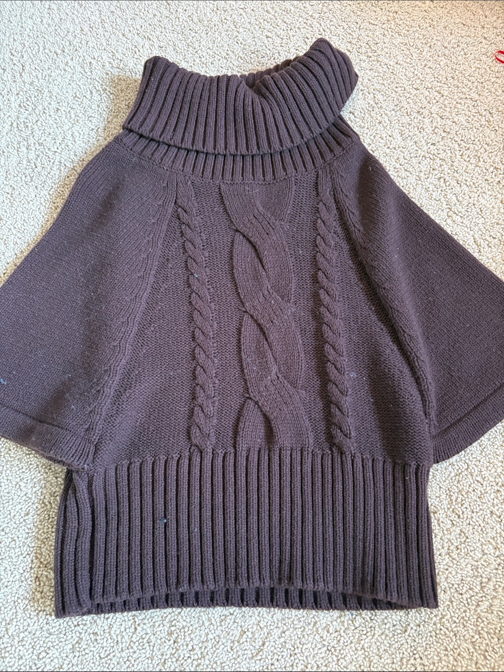 Cider Chocolate Brown Cable-Knit Turtleneck Poncho Sweater